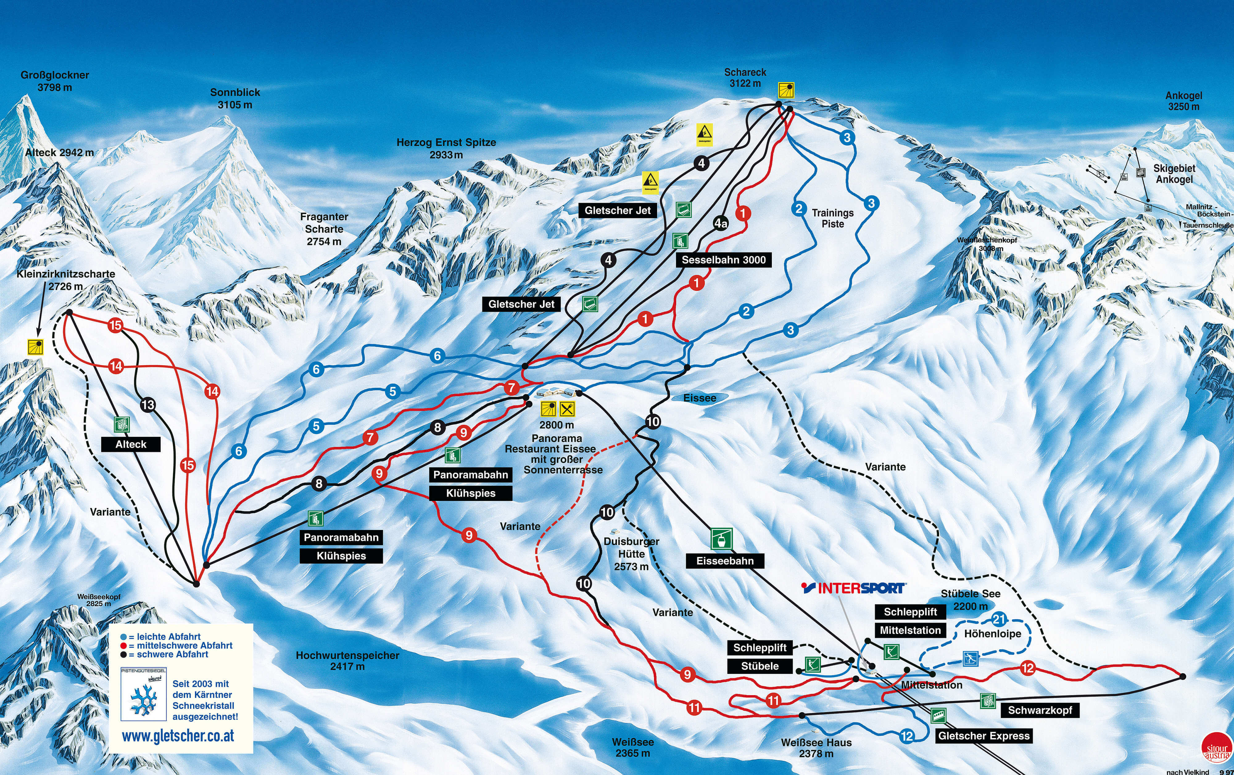 Trasy narciarskie, mapa lodowca Molltaler